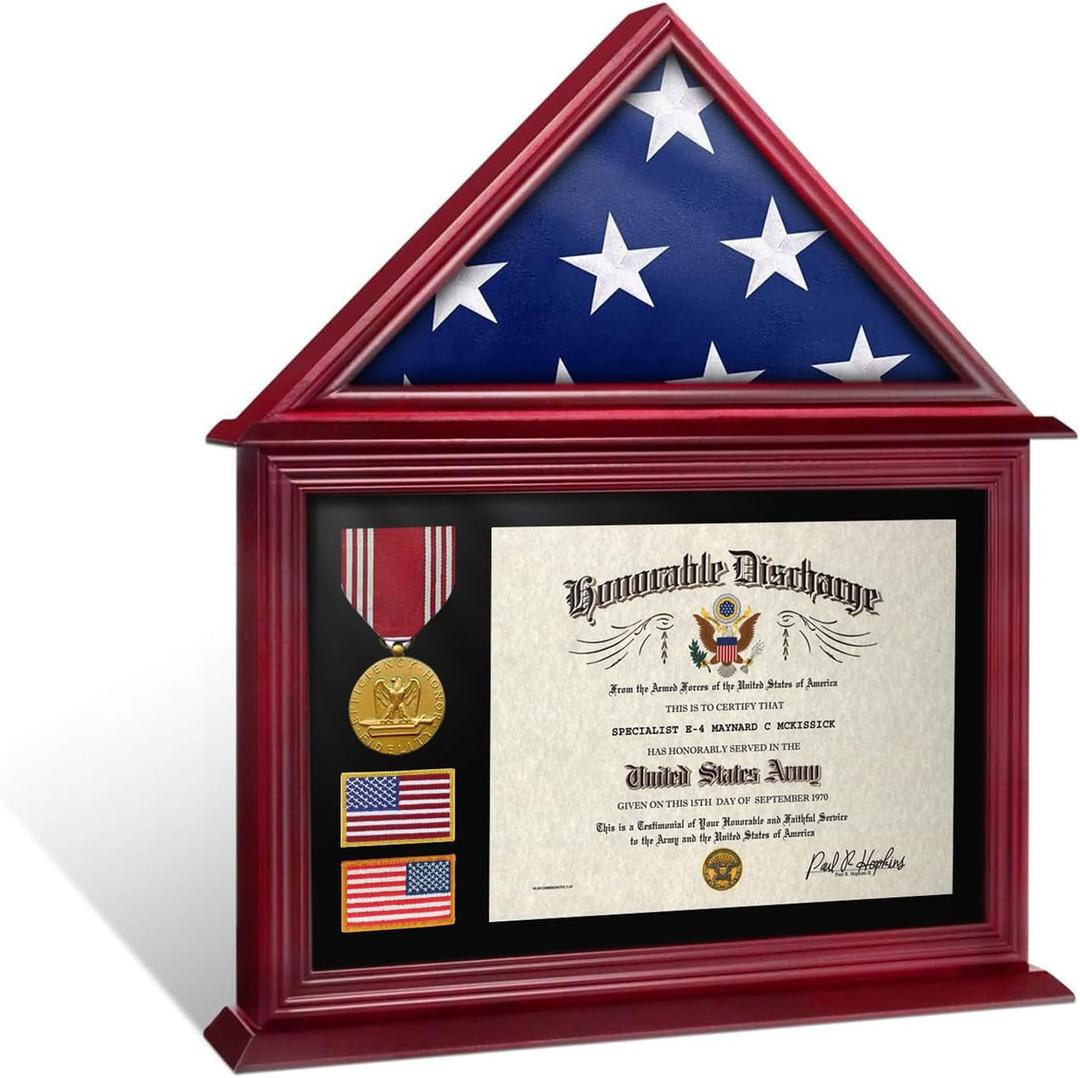 ASmileIndeep Flag Display Case Box for Folded 3'x5' American Flag Solid Wood Military Flag Certificate Shadow Box with Wall Mount Display Flag Frame Holder for Badges Medals (Mahogany)