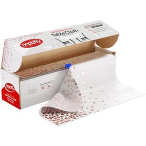 Neatiffy Disposable Plastic Table Cloth Roll with Slide Cutter | Waterproof Cover for Rectangle, Square, Oval Tables | Picnic, Party, Banquet, Birthdays, Weddings - White Rosegold Dots, 1200.8" x 53.9" (Roll with Safe Cutter)