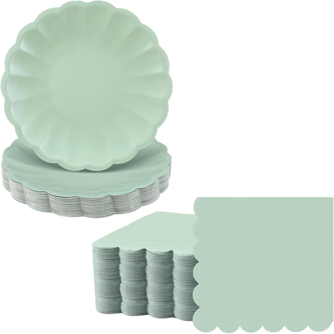 Newtay 100 Pcs Scalloped Paper Plates and Napkins Set Include 50 Pcs 9.5 Inch Large Scalloped Plates 50 Disposable Napkins 5 x 5 Inch for Birthday Dinner Wedding Picnic Party Supplies (Sage Green)