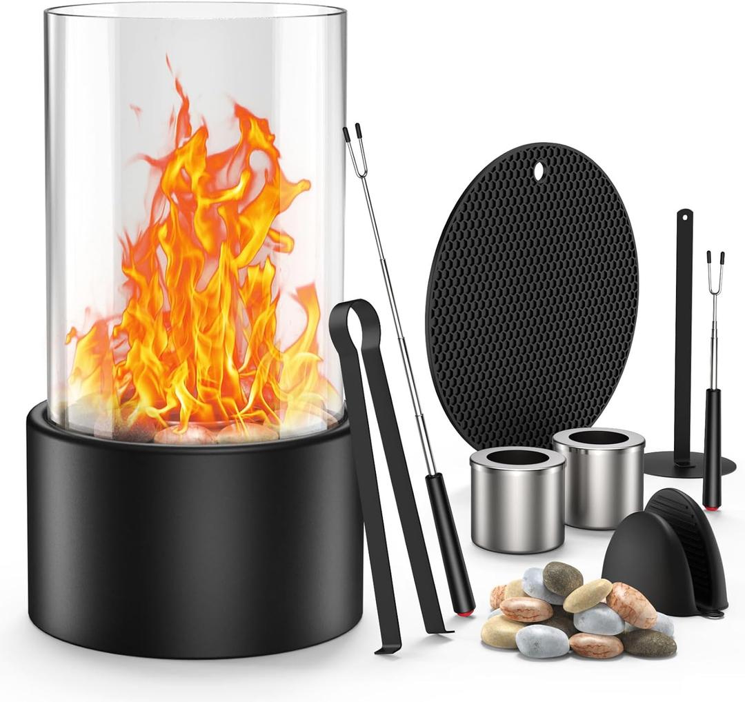 MoKo Table Top Firepit Indoor - Tabletop Fire Pit with Glass Rocks, Smokeless Small Fire Pit with 2 Replaceable Burners, Stainless Steel Round Fireplace for Home Decor, House Warming Gifts, Black