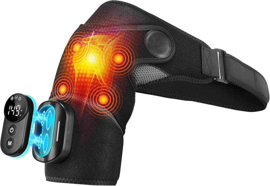 Cordless Shoulder Heating Pad with Massage, Heated Shoulder Wrap, Detachable Magnetic Controller Heated Shoulder Brace for Pain Relief with 5 Heats and Vibration Modes (Black)