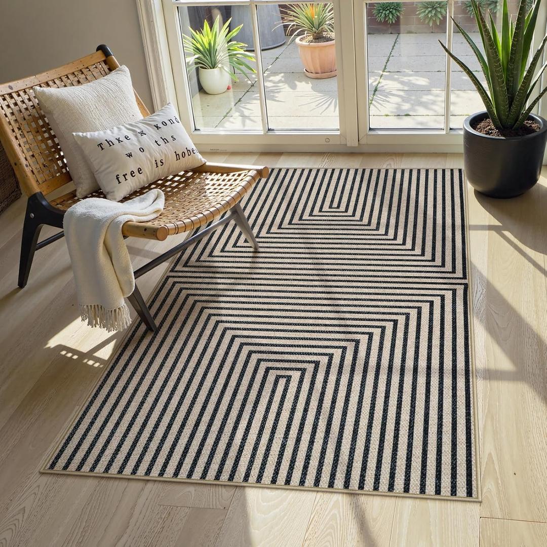 Collive 3x5 Easy Jute Outdoor Entryway Rug, Washable Modern Geometric Indoor Carpet Black Neutral Small Area Rugs, Non Slip Woven Kitchen Mats for Entrance Bedroom Kids Room Patio Decor (Black and Nature/Rectangular)