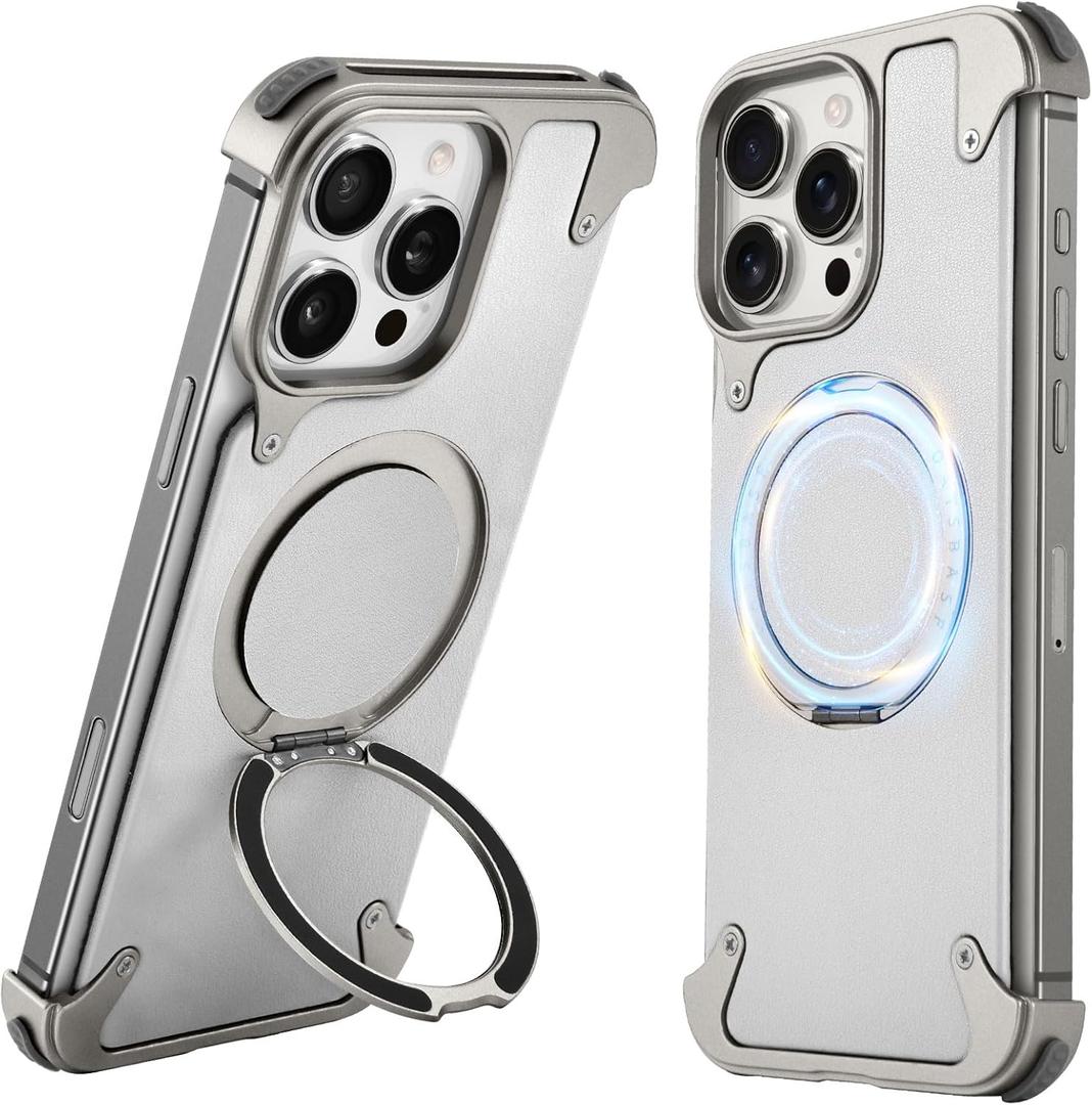OATSBASF for iPhone 16 Pro 6.3" Case, Sleek Minimalist Protective Shock Absorption Aerospace Grade Aluminum Shells with 360 Rotating Kickstand Phone Case, Natural Titanium