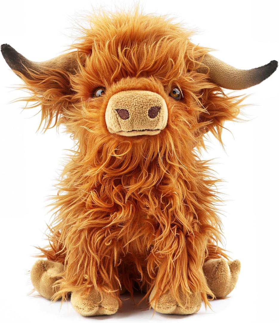 Highland Cow Stuffed Animal Toy, Adorable Highland Cow Plush, Scottish Cow Plush Toy, Farm Animal Cattle Plush Decor Gifts for Kids Baby Girls Boys (Brown Cow)
