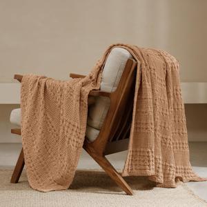 PHF 100% Cotton Waffle Weave Throw Blanket, Soft Lightweight Breathable Cozy Throws for Couch Bed Sofa, Luxury Aesthetic Woven Blanket for Home Decor & Office, 50"x60", Camel