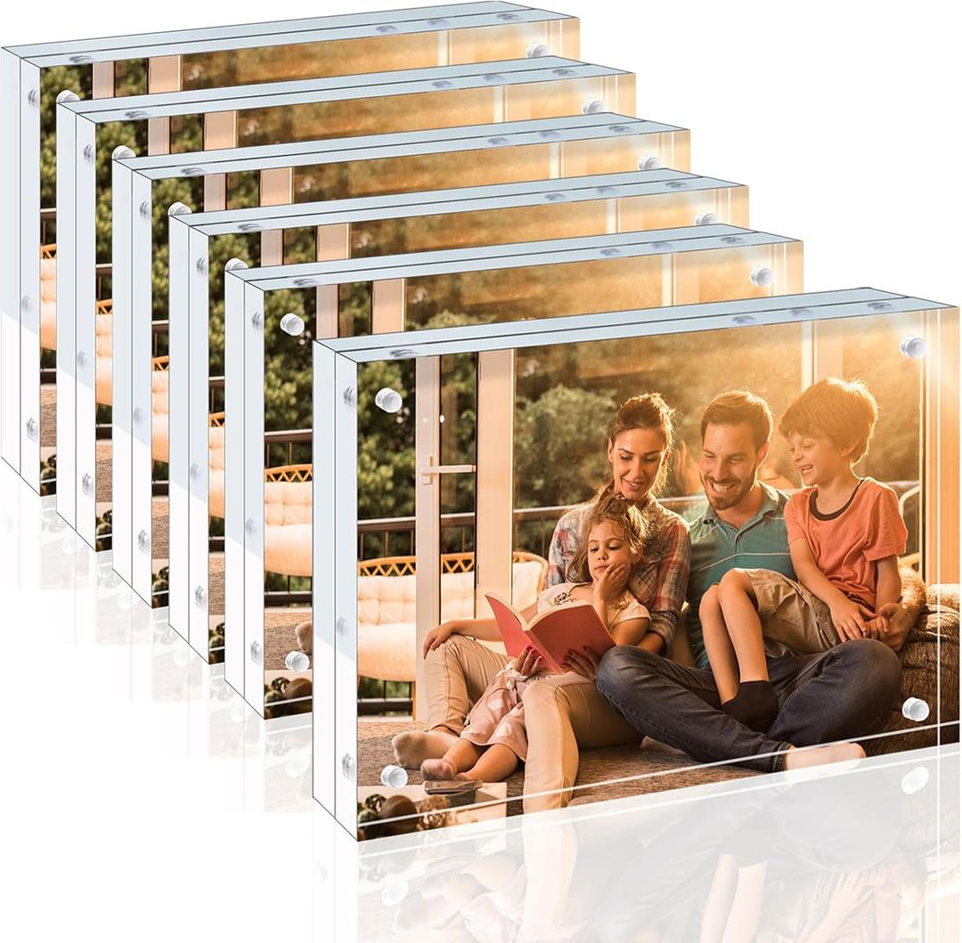 Frames 6 Pack, 20mm Thicker Frameless Clear Picture Frames, Double Sided Magnetic Picture Frames, Free Standing Desktop Display
