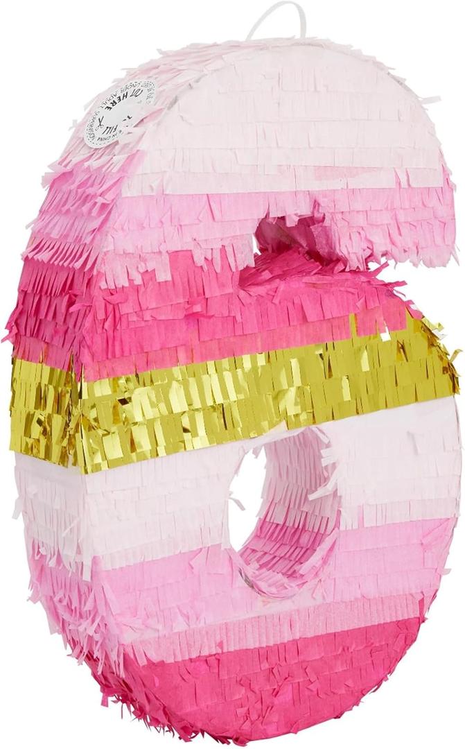 Number 6 Pinata, Pink and Gold Foil for Girls 6th Birthday Party Decorations (Small, 16.5 x 11 Inches)