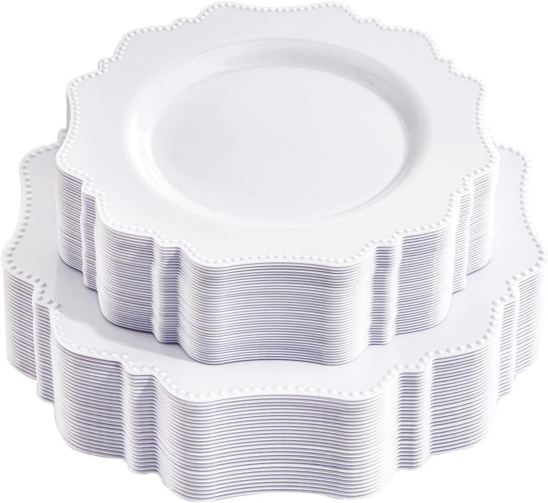 COLOSUS 60PCS White Plastic Plates for 30 guests-Fancy Plastic Beaded Plates,Disposable Christmas plastic plates,Include 30 PCS 10.5" Dinner Plates & 30PCS 8.25" Dessert-Platos for Christmas