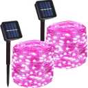 2 Pack Total 200 LED 66FT Solar Powered Copper Wire String Lights Outdoor, Waterproof, 8 Modes Fairy Lights for Valentines Day Decor, Garden, Patio, Party, Christmas, House (Pink)