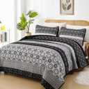 WONGS BEDDING Boho Quilt Set Queen Size,Black Bohemian Striped Patchwork Bedspread Set,3 Pieces Microfiber Bedding Set for All Seasons (96"x90")