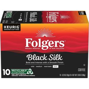 Folgers Black Silk Coffee, Dark Roast, Keurig K-Cup Pods, 10 Count Box (EXP 05/09/26)