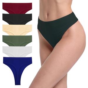 6 Pack Women's Ribbed Cotton Thongs High Waist Seamless Panties Plus Size High Rise No Show Underwear (Large)