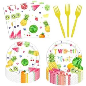 Twotti Frutti 24-Pack Disposable Fruit Plates, Forks & Napkins - 2nd Birthday Party Supplies with 48 Paper Plates, 24 Forks, 24 Napkins, Pack 2