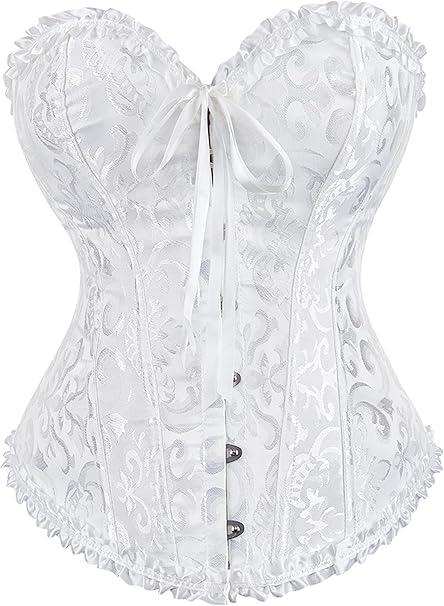 Corset Tops for Women,Lace Bustier Corset Lingerie top,Renaissance Overbust Corset Push Up Bodysuit (Medium, White)