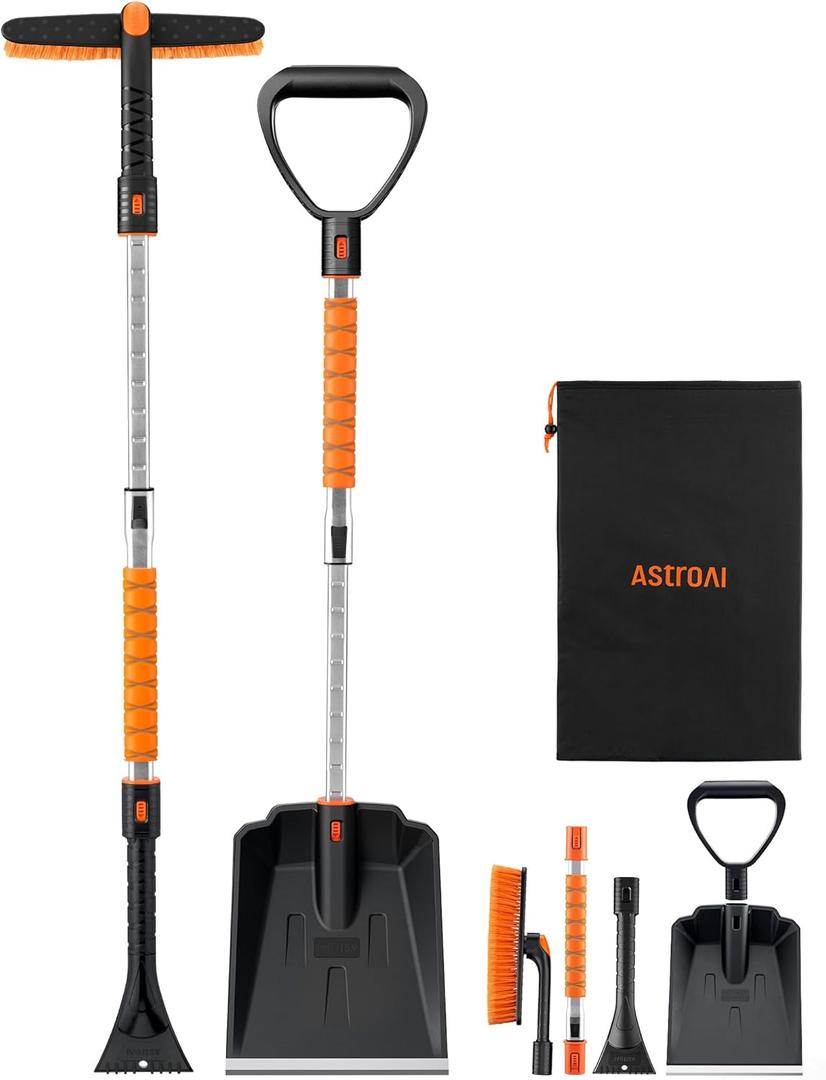 AstroAI 2" 1 Ice Scraper & Snow Shovel Kit, 47.2" Ice Scrapers for Car Windshield and 360 Pivoting Snow Brush, Extendable Snow Shovel with Foam Grip for Car, Trucks, SUVs, VehiclesOrange