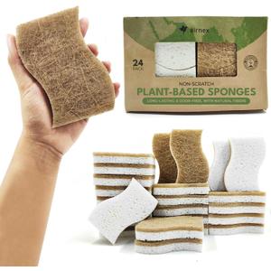 AIRNEX Natural Kitchen Sponges (24 Pack) - Biodegradable Cellulose & Coconut Scrubber Dish Sponges for Kitchen - Eco-Friendly, Non Scratch, Compostable, Non Toxic S-Shaped Natural Sponges for Dishes