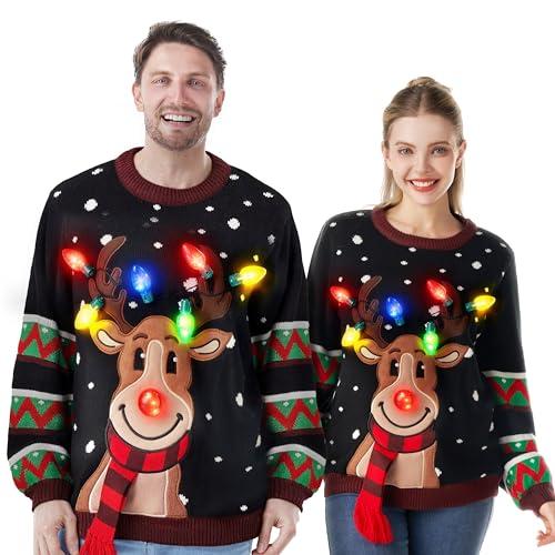JOYIN Ugly Christmas Sweater Women Men Couples, LED Light Up Ugly Christmas Sweater Kids 2025 Reindeer(Black, Large)