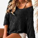 Beautiful Nomad Women's Summer Crochet Pullover Sweater Hollow Out 3/4 Sleeve Off Shoulder Boho Cover Up Tops Black (Black), Medium
