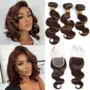 Brown Bundles Human Hair with Closure (12 14 16+12) Body Wave Brown Bundles with Closure Human Hair 12A 100% Unprocessed Brazilian Virgin Hair 3 Bundles with Closure Chocolate Brown Color 4