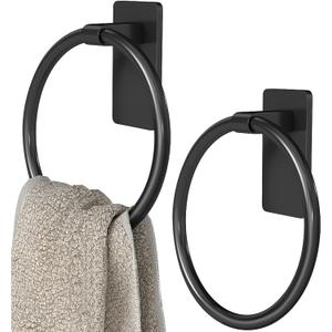 STWWO Adhesive Towel Holder, Hand Towel Holder for Bathroom, Self Adhesive Hand Towel Rings, Black, 2 Pack