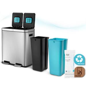 Home Zone Living 16 Gallon Kitchen Trash Can with Dual Compartments for Recycling, CleanAura Odor Control, Stainless Steel, Silver, 60 Liters Total