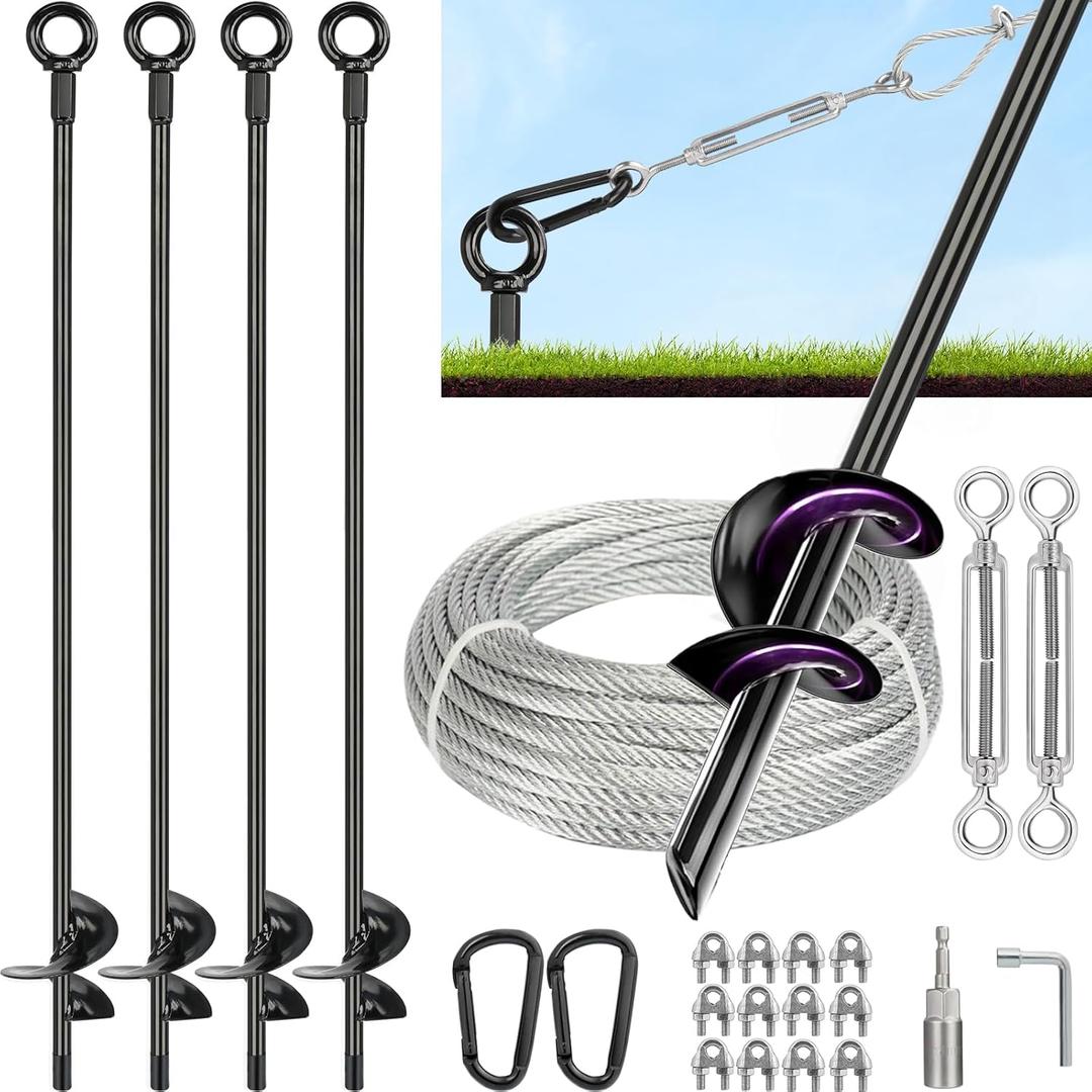 Tinnmao 30 Inch Ground Anchors Heavy Duty, Steel Screw-in Shed Anchor Kit with Galvanized Cable & Turnbuckle, for Sheds, Trailers, Mobile Homes, Trampolines, Camping Tents & RVs (4 PCS)
