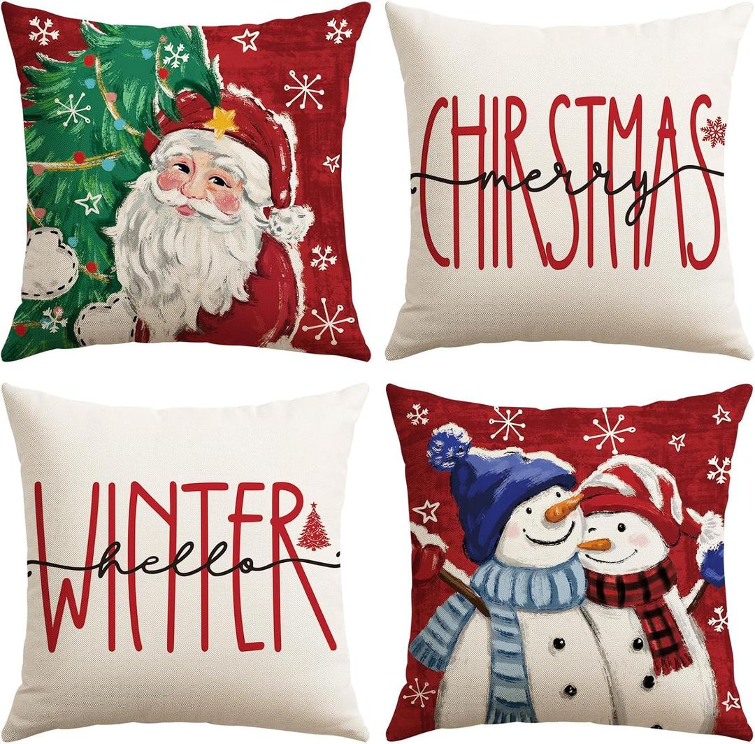 OTOSTAR Set of 4 Red Christmas Throw Pillow Covers 16x16 Inch Winter Xmas Decorative Pillow Case Cover for Sofa Living Room Holiday Decor (Red- Santa Claus and Couple Snowman)