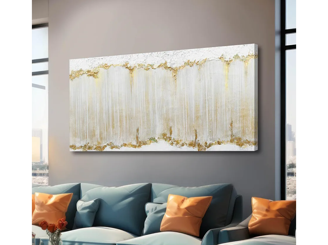 Home Decor White Abstract Wall Decor Large Framed Canvas Wall Art for Living Room Gold Painting White Wave Contemporary Art for Bedroom 29x58 Inch