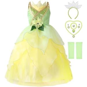 Axaxa Princess Tiana Costume for Girls - Princess and the Frog Dress With Accessories 3-11 Years Size: 100cm