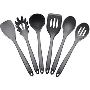 StarPack Basics XL Silicone Kitchen Utensil Set (6 Piece), High Heat Resistant to 480°F, Hygienic One Piece Design, Large Non Stick Spatulas & Serving Utensils (Gray Black)