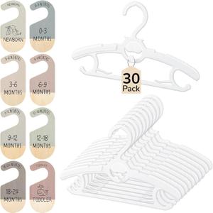 Hsei 30 Packs Baby Hangers for Nursery Closet with 8 Pcs Wooden Baby Clothes Organizer Dividers, 11"-14.6" Extendable and Non Slip Infant Hangers for 0-18 Month Newborn Toddler Kids Coats Pants