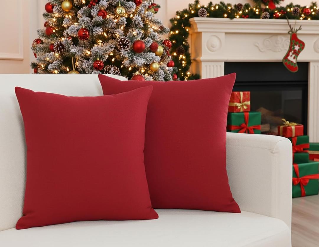 PurpleEssences Pack of 2 Cotton Pillow Covers Decorative Throw Pillowcase Soft Solid Cushion Case for Sofa Car Bedroom - Christmas Holiday Winter - 16x16 Inch - Red