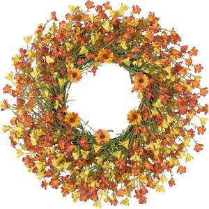 24 Inch Large Spring Wreaths for Front Door Daisy Wreath Easter Wreaths for Front Door Artificial Floral with Wild Floral for Farmhouse Porch Wall Living Room Home Decor-Orange