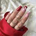 LPOODDNU Square Christmas Press on Nails - Medium Length Red Acrylic With Santa Hat Heart Designs, Glossy French Tip - 24Pcs False Nail Set