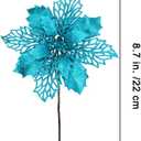 24 Pcs Christmas Teal Blue Glittered Mesh Holly Leaf Artificial Poinsettia Flowers Picks Tree Ornaments 5.9" W for Teal Blue Christmas Tree Wreath Garland Floral Gift Winter Wedding Holiday Decoration