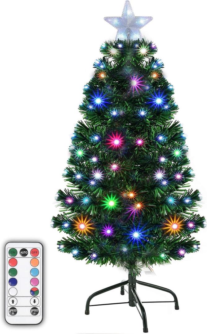 Holiday Essence Prelit Artificial Christmas Tree, 4 Foot Pine Xmas Tree with Multi Function Changing LED Multi Colored Lights and Star Tree with Remote, 120 Full Tips, Metal Stand
