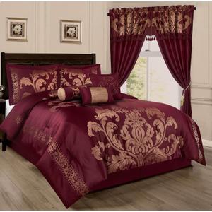 Chezmoi Collection Royale 7-Piece Jacquard Floral Comforter Set, Oversized King, Maroon/Gold