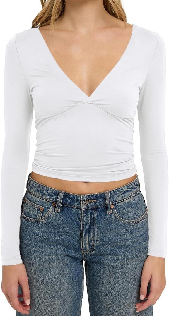 TiulZial Long Sleeve Shirts for Women - V Neck Sexy Crop Top Tight Going Out Trendy Basic Fall Clothing, Size XS