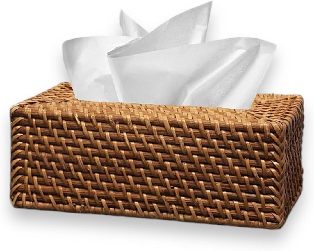 Rectangular Rattan Woven Tissue Box Cover Holder | Handmade Rustic Tissue Paper Box Napkin Dispenser Organizer for Kitchen, Bathroom and Office with a FREE Tissue Box (Brown)