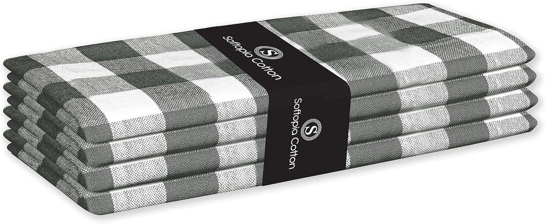 Napkins 100% Cotton Set of 4 Decorative Cloth Napkin Gingham Buffalo Check Plaid Washable Dinner Napkins for Holiday, Dinner, Wedding, Baby Shower & Dining - Grey White (18X18)