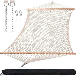 SUNCREAT Hammocks Traditional Rope Double Hammock with Hardwood Spreader Bar and Carrying Bag, 450 lbs Capacity, Natural, Large