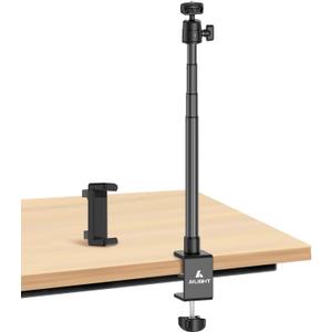 Ailight Camera Desk Mount Webcam Stand with Phone Holder, Adjustable Table Camera Stand with 1/4" Screw & C Clamp Overhead Tripod Webcam Mount for Logitech Obsbot insta360 Anker and Others