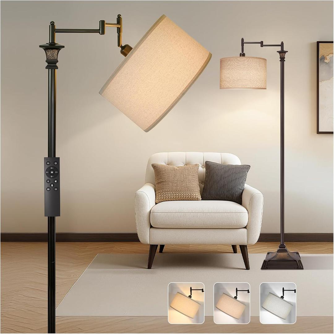 Scenekoy Vintage 68 Tall Smart LED Floor Lamp for Living Room Bedroom, Remote Control Traditional 350 Adjustable Swing Arm Standing Lamp with Linen Shade, Decor for Reading House Home Office