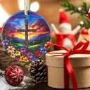 Cross Christmas Ornament, 3.5 Inch Ceramic Nativity Ornament, Christmas Tree Ornaments, Christian Gifts, Religious Gifts, Gifts for Christmas, Perfect for Holiday Party, Tree, Window (Cross Spring Flower)