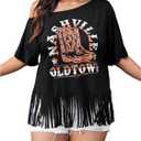 Women's Plus Size Off Shoulder Tops Cowgirls Graphic Tees Short Sleeve Fringe Tassel T Shirts (Black, XL)