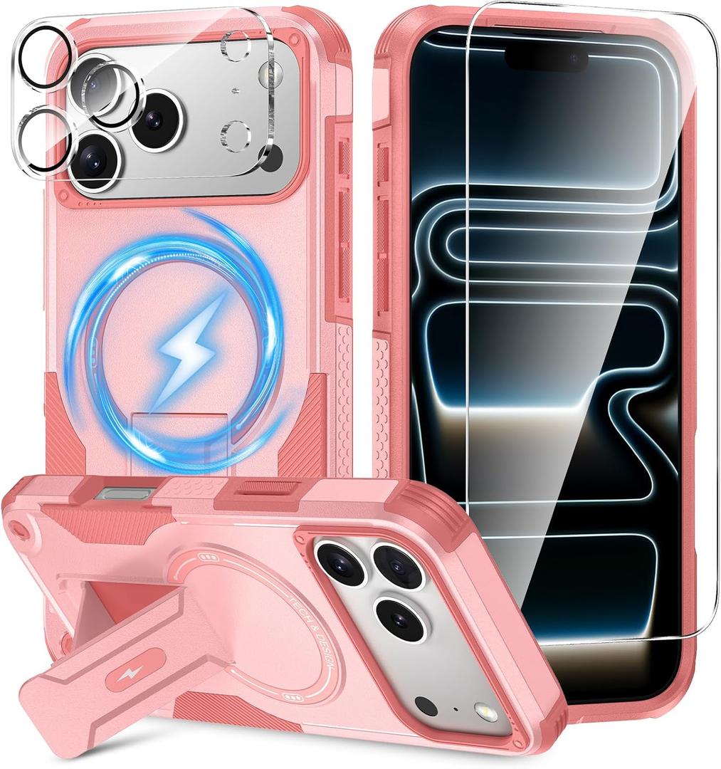 3 in 1 for iPhone 17 Pro Max Case [Compatible with MagSafe] [Invisible Kickstand] [HD Screen Protector] [Camera Lens Protector], Protective Magnetic Phone Cover for iPhone 17 Promax (Pink)