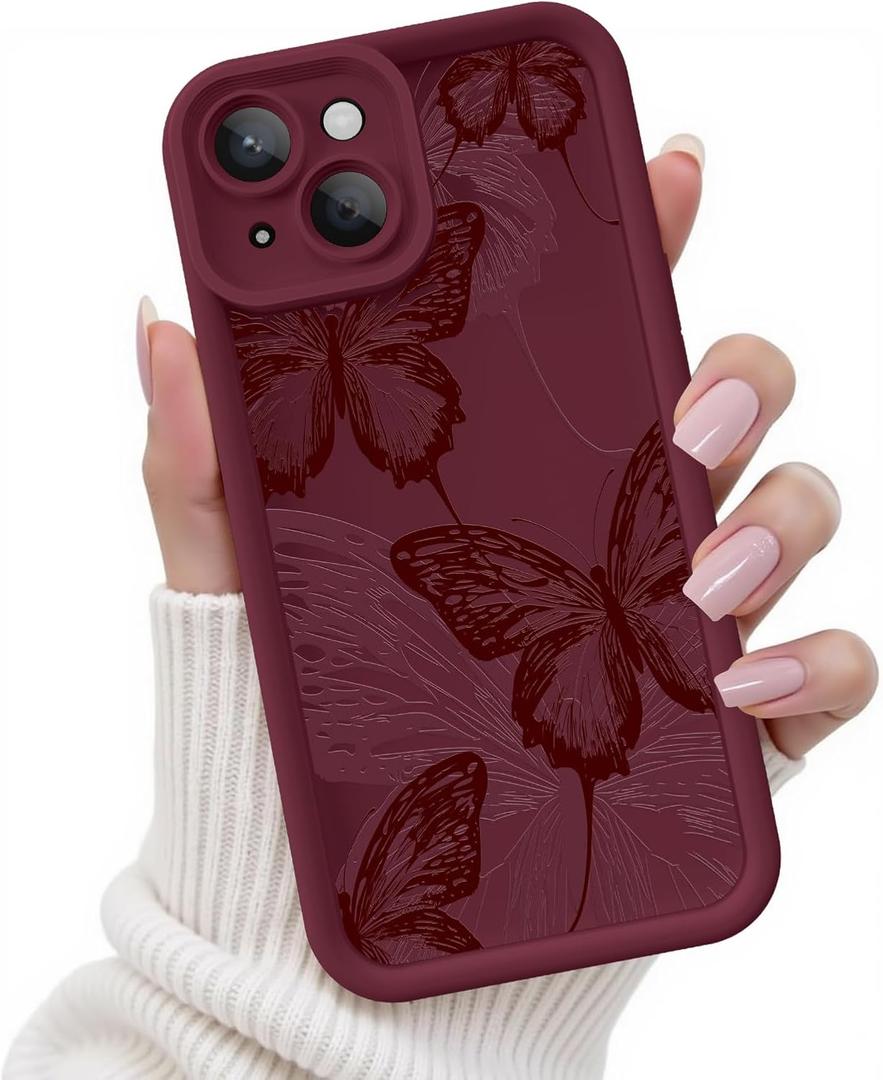 for iPhone 15 Case, Creative Butterfly Pattern Design for Girl Women, Soft Silicone Shockproof Anti-Scratch Protection Phone Cover for iPhone 15 (Burgundy Red Butterfly)