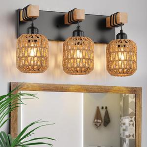 3 Light Bathroom Vanity Light Fixtures Rustic Style Wood Bathroom Wall Sconce with Boho Wicker LampshadeSuitable for Bedroom, Hallway, and Living RoomRattan Black Farmhouse Wall Sconce