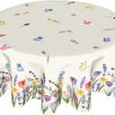 Spring Summer Floral Tablecloth Round 60 Inch,Colorful Wildflower Leaf Butterfly Polyester Circle Table Cloth Wrinkle Stain Resistant Washable Table Cover for Kitchen Dining Room Party Picnic