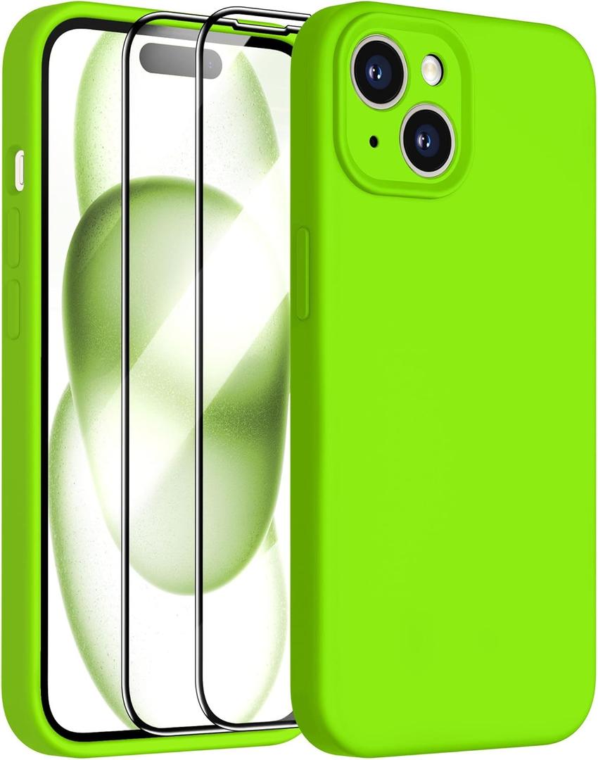 Dssairo Compatible with iPhone 15 Case,Upgrade Liquid Silicone,with 2 Screen Protector[Enhanced Camera Protection][Scratch-resistant soft microfiber lining]Slim Cover Phone Cases (Fluorescent Green)
